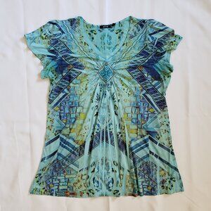 Woman's Apt 9 size 2X Plus blue green boho stretch flowy top spring short sleeve